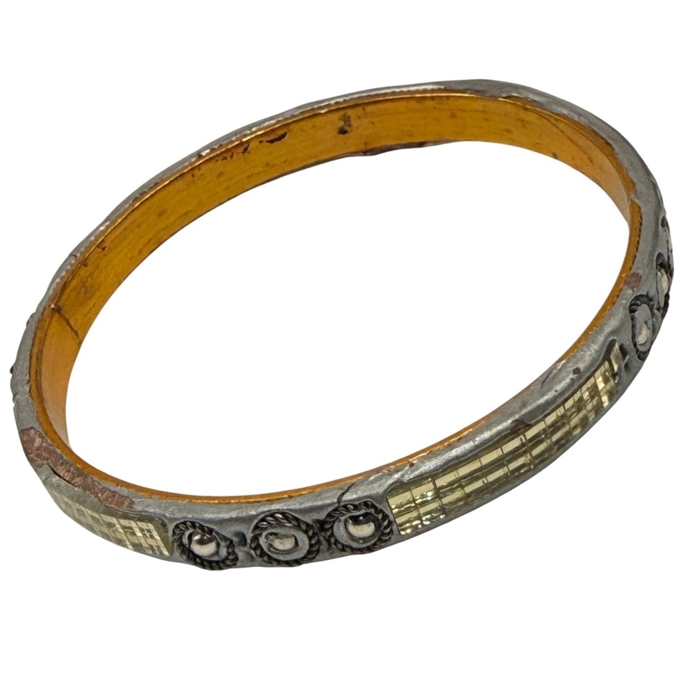 Vintage Mixed Metal Bangle Bracelet Studded Grid Pattern Silver Gold Tone Womens